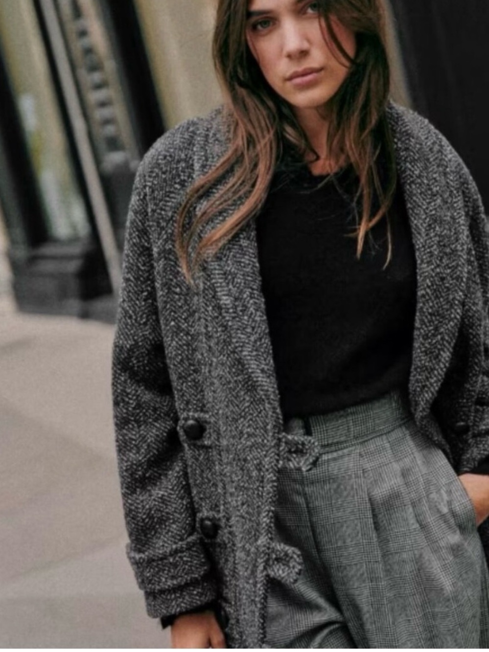 Sezane Carl Coat. Ecru:Gray Herringbone Double-Breasted Pea Coat